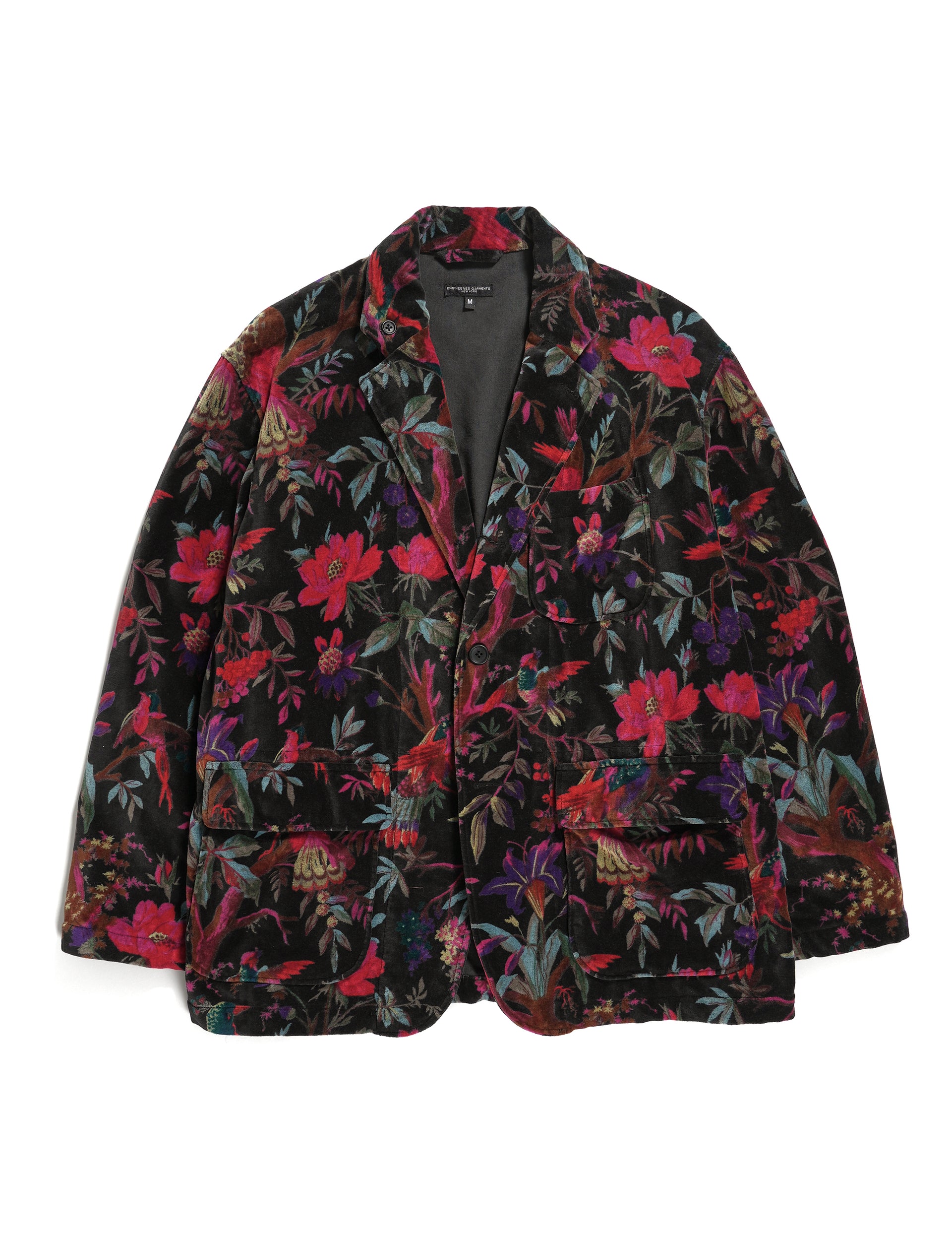 ENGINEERED GARMENTS Loiter Jacket Black Cotton Bird Print Velveteen