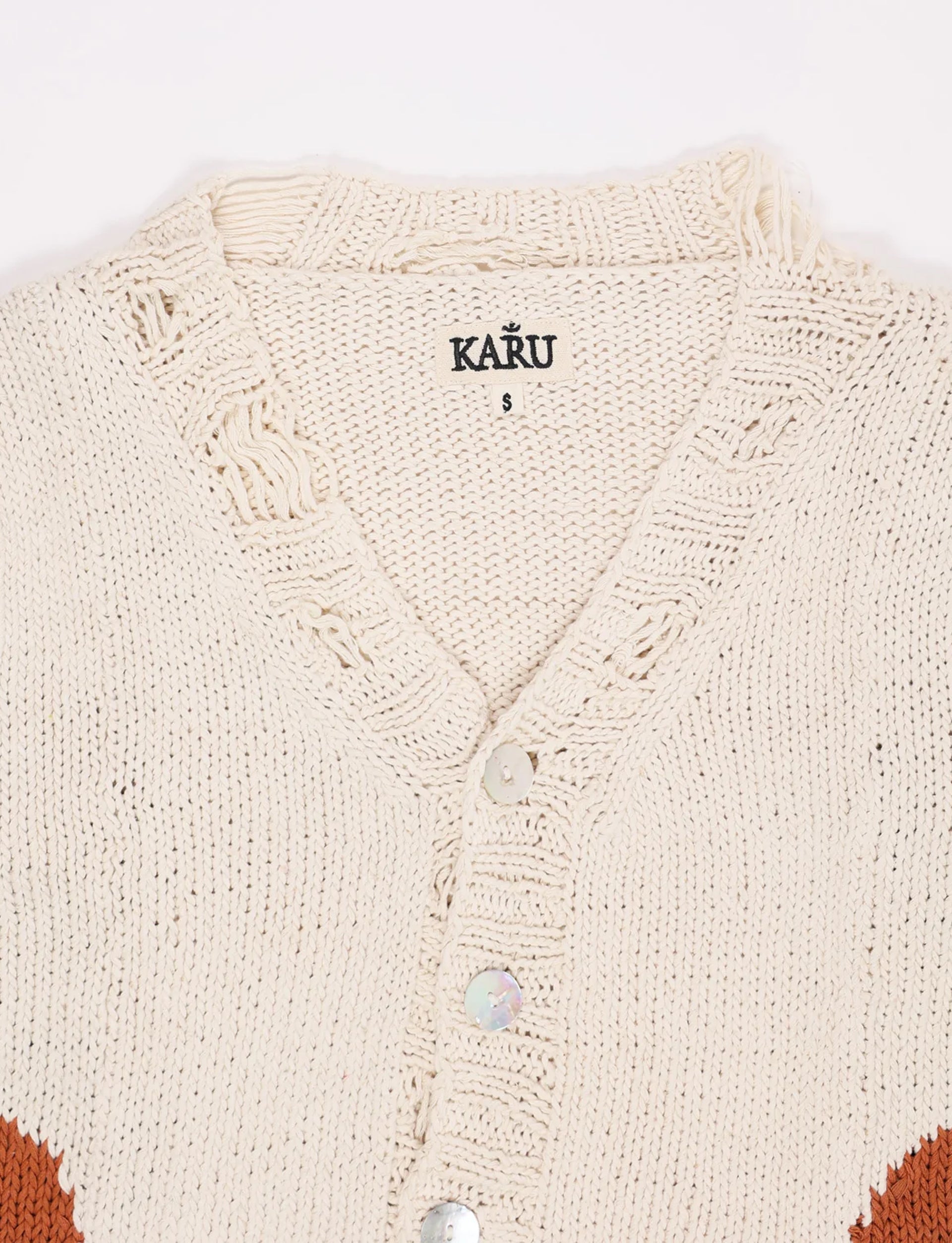 KARU RESEARCH INTARSIA CARDIGAN ECRU HAND KNIT