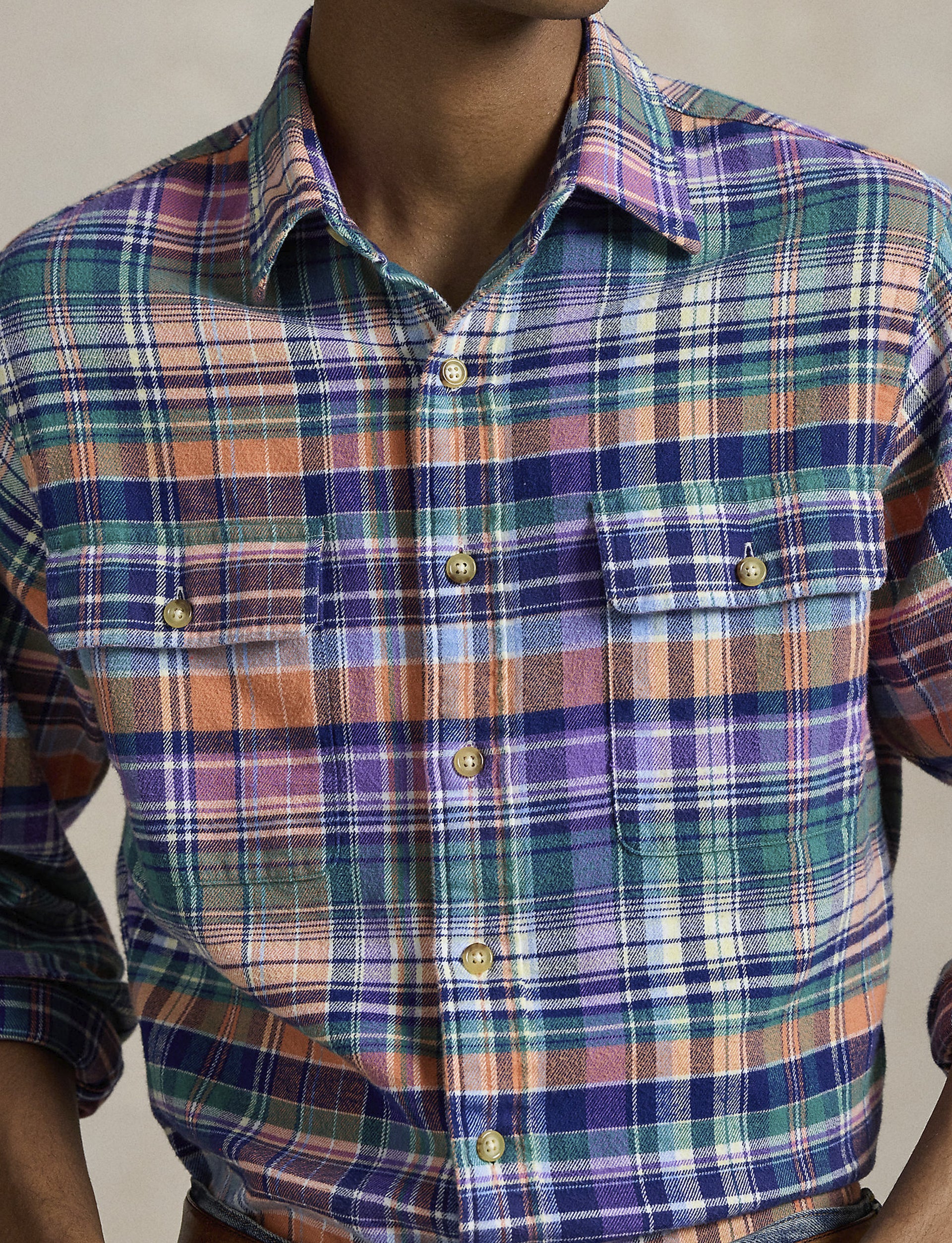 POLO RALPH LAUREN CLASSIC FIT PLAID BRUSHED TWILL SHIRT NAVY ORANGE