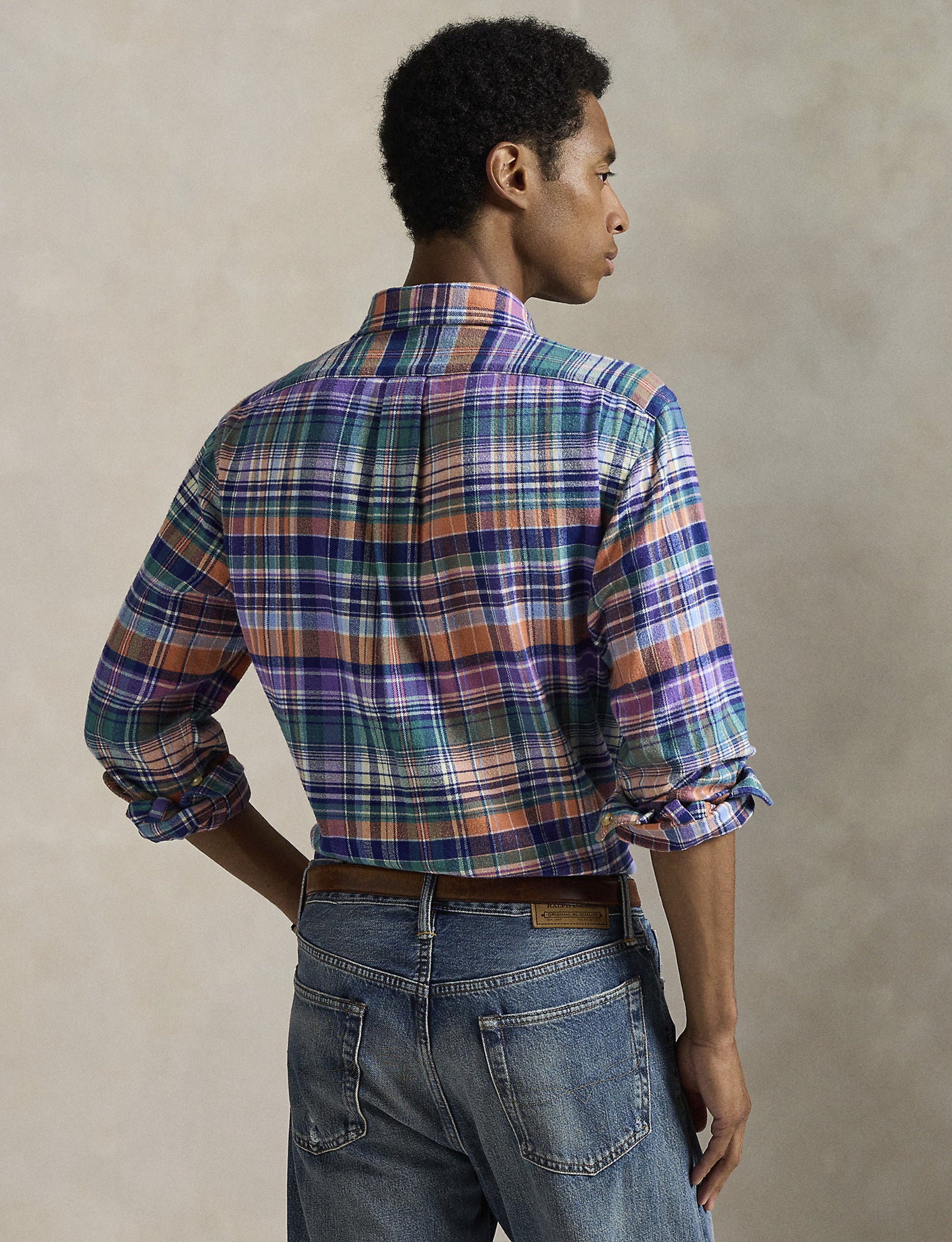 POLO RALPH LAUREN CLASSIC FIT PLAID BRUSHED TWILL SHIRT NAVY ORANGE