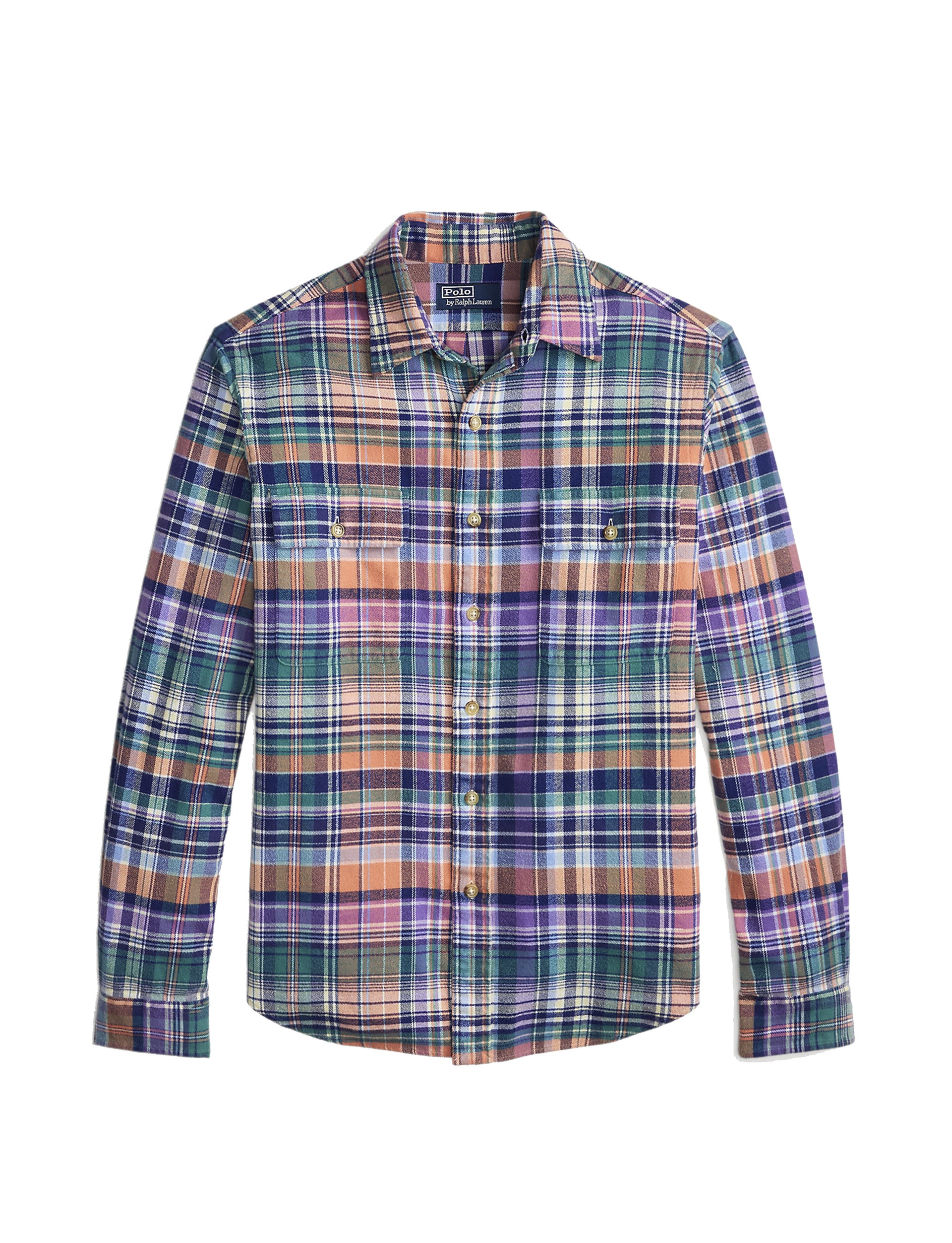 POLO RALPH LAUREN CLASSIC FIT PLAID BRUSHED TWILL SHIRT NAVY ORANGE