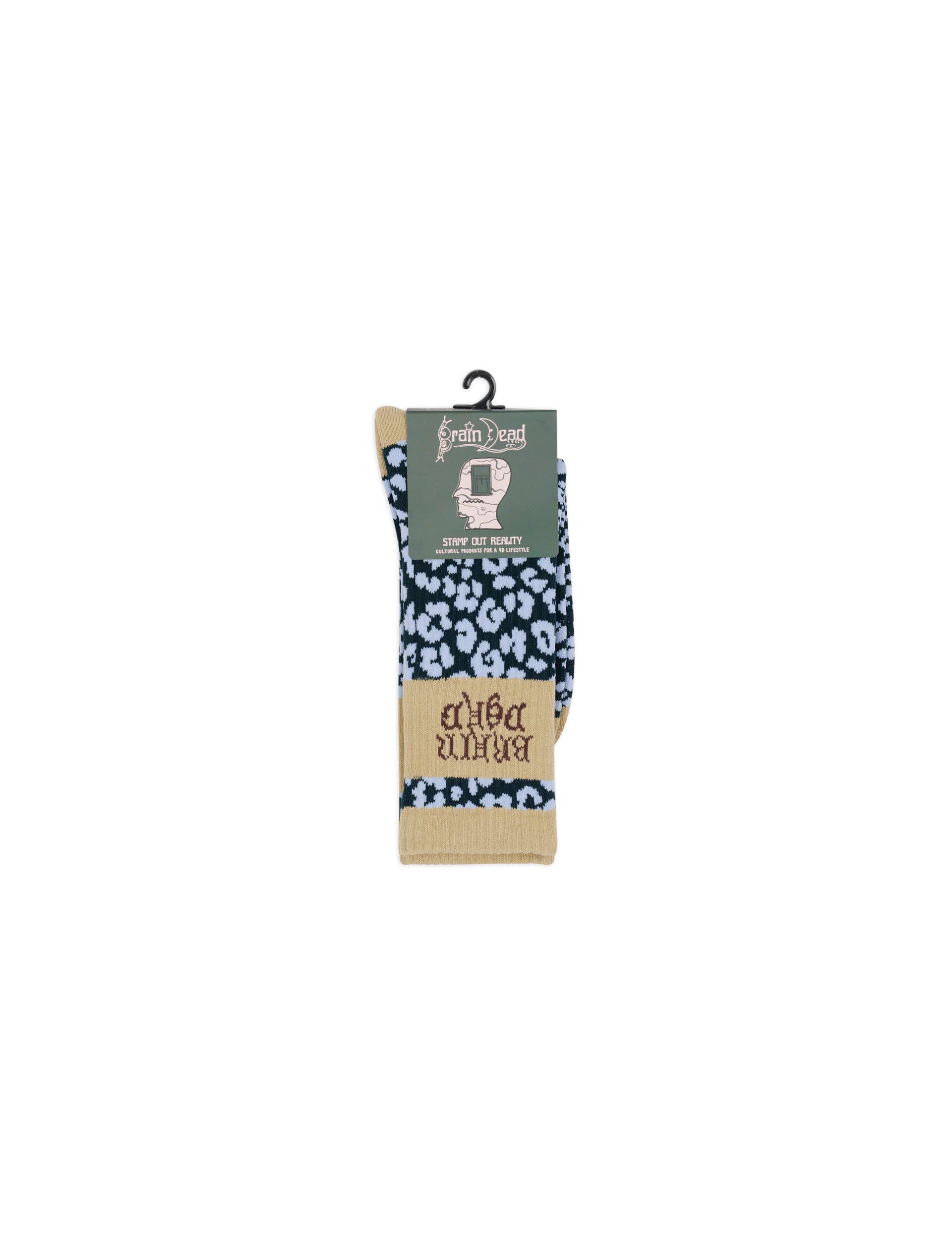 BRAIN DEAD Paneled Logo Crew Socks - Blue Leopard/Khaki