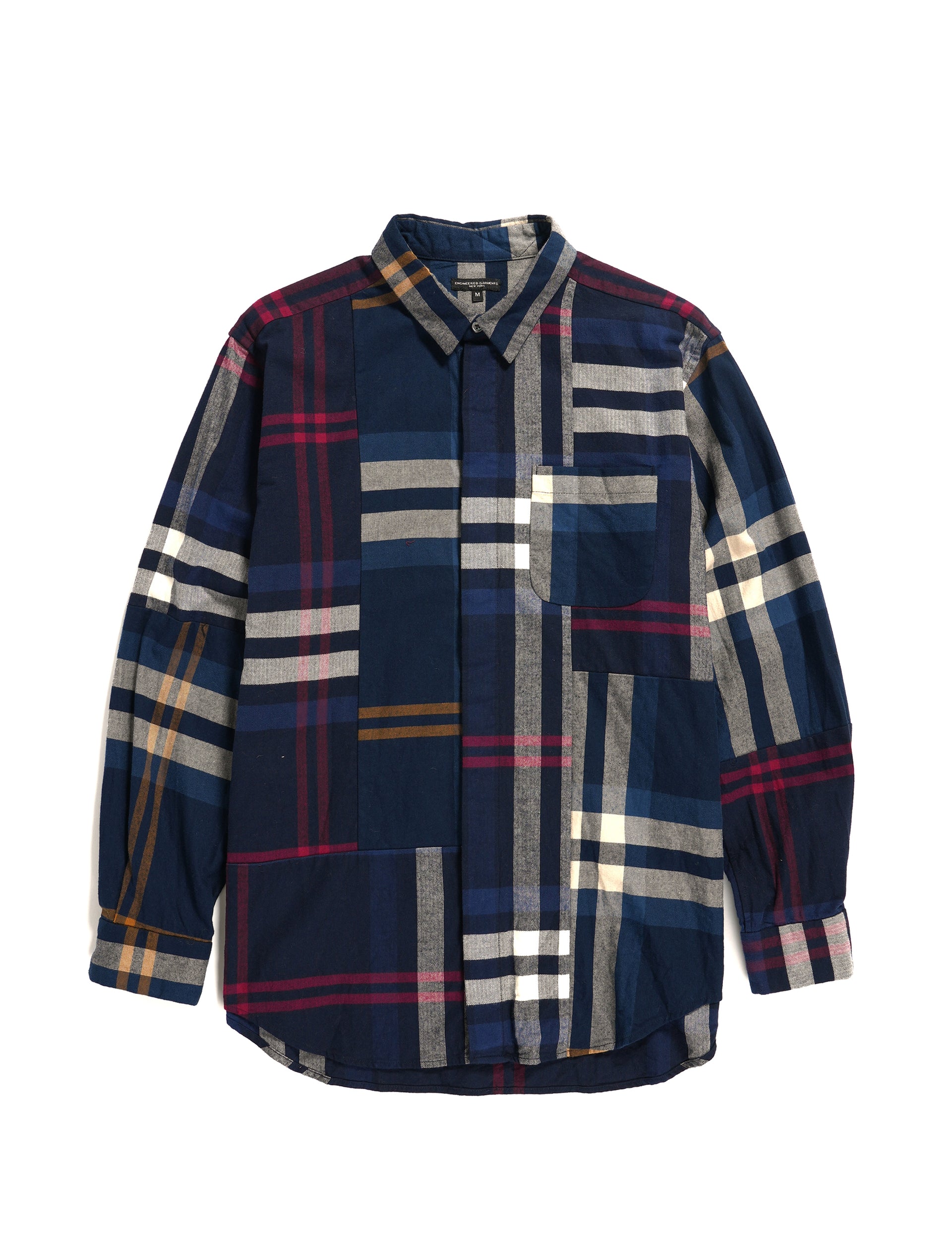 ENGINEERED GARMENTS Combo Short Collar Shirt Navy/Gold Cotton Big Plaid Flannel