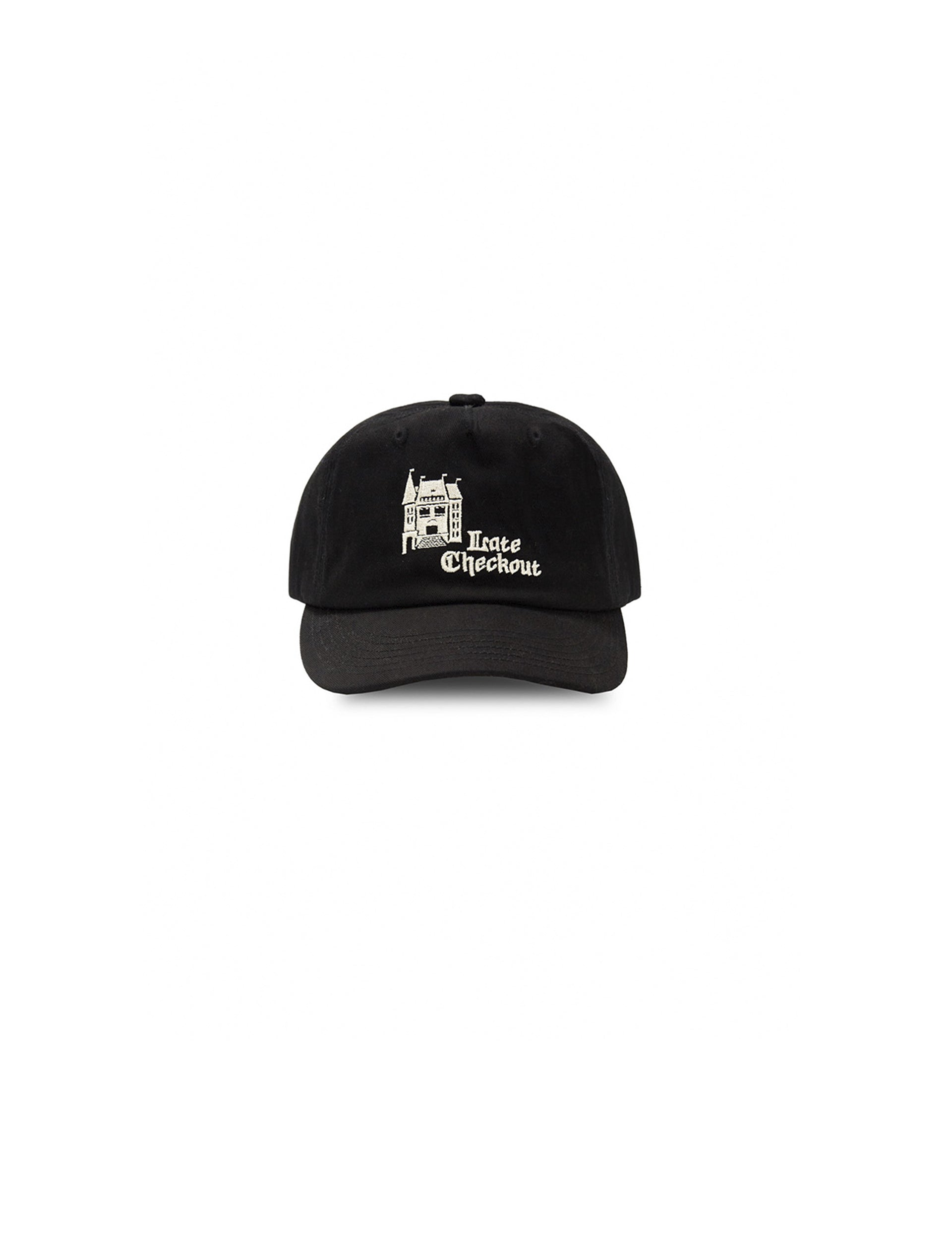 LATE CHECKOUT BLACK HOTEL LOGO 5 PANEL CAP