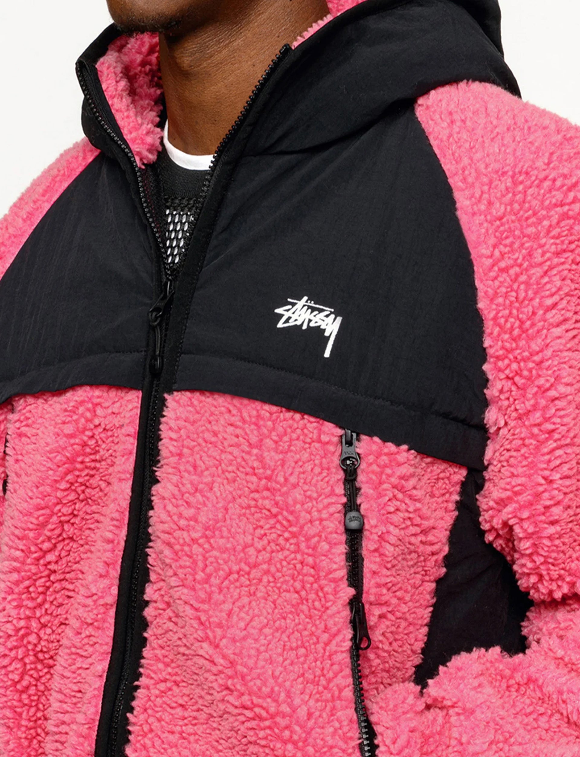 STÜSSY Sherpa Paneled Hooded Jacket Pink