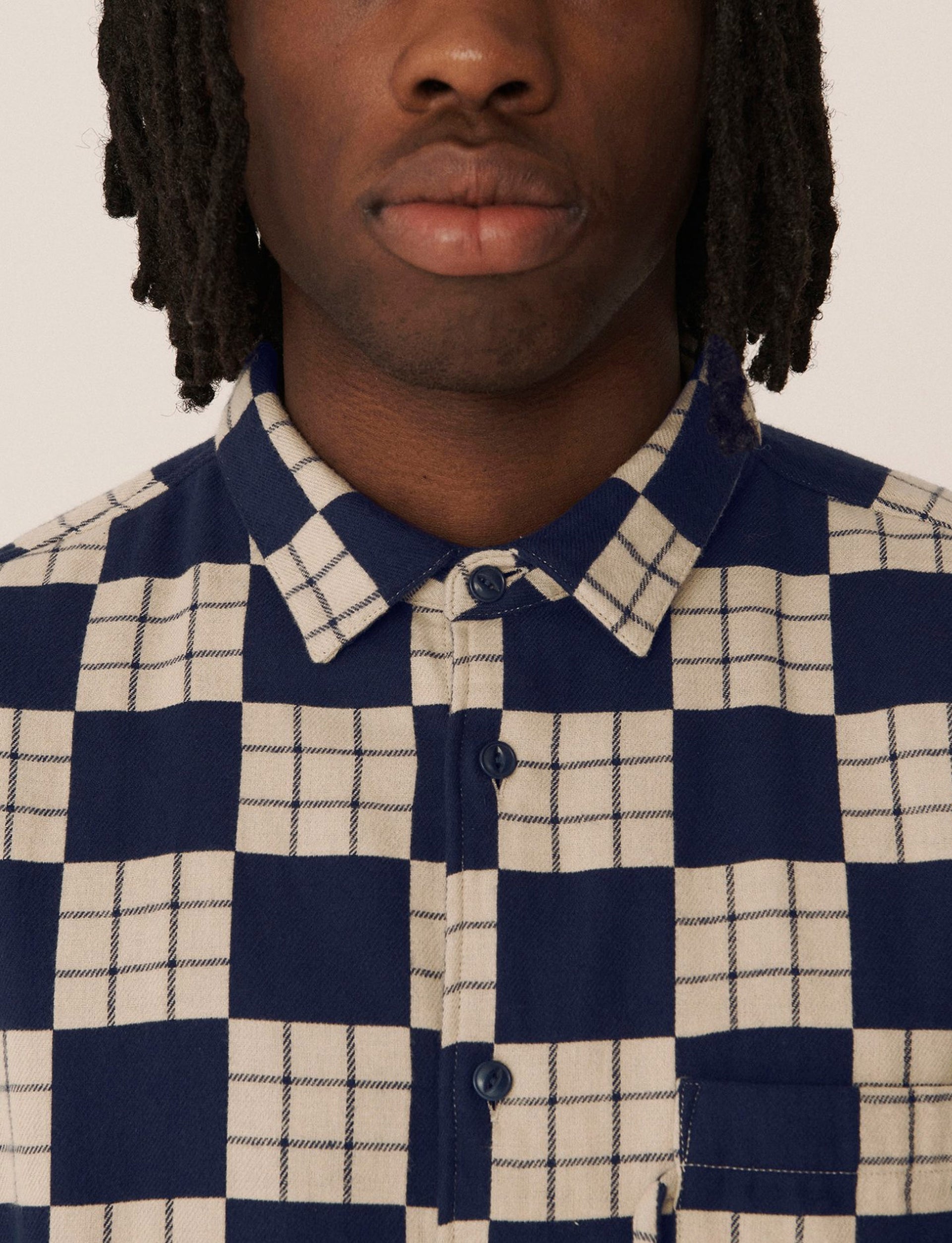 YMC CURTIS COTTON FLANNEL CHECKERBOARD SHIRT NAVY ECRU