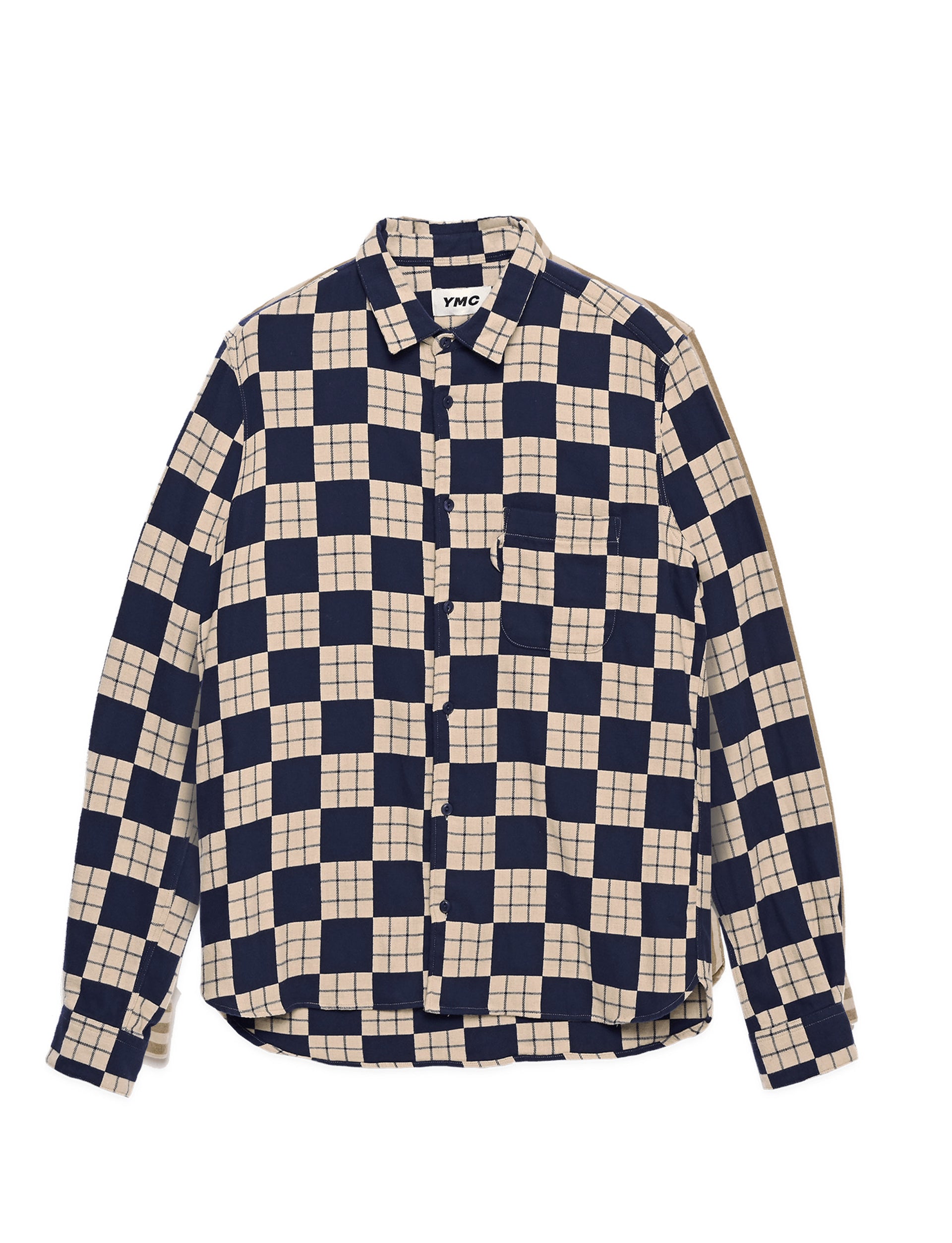 YMC CURTIS COTTON FLANNEL CHECKERBOARD SHIRT NAVY ECRU