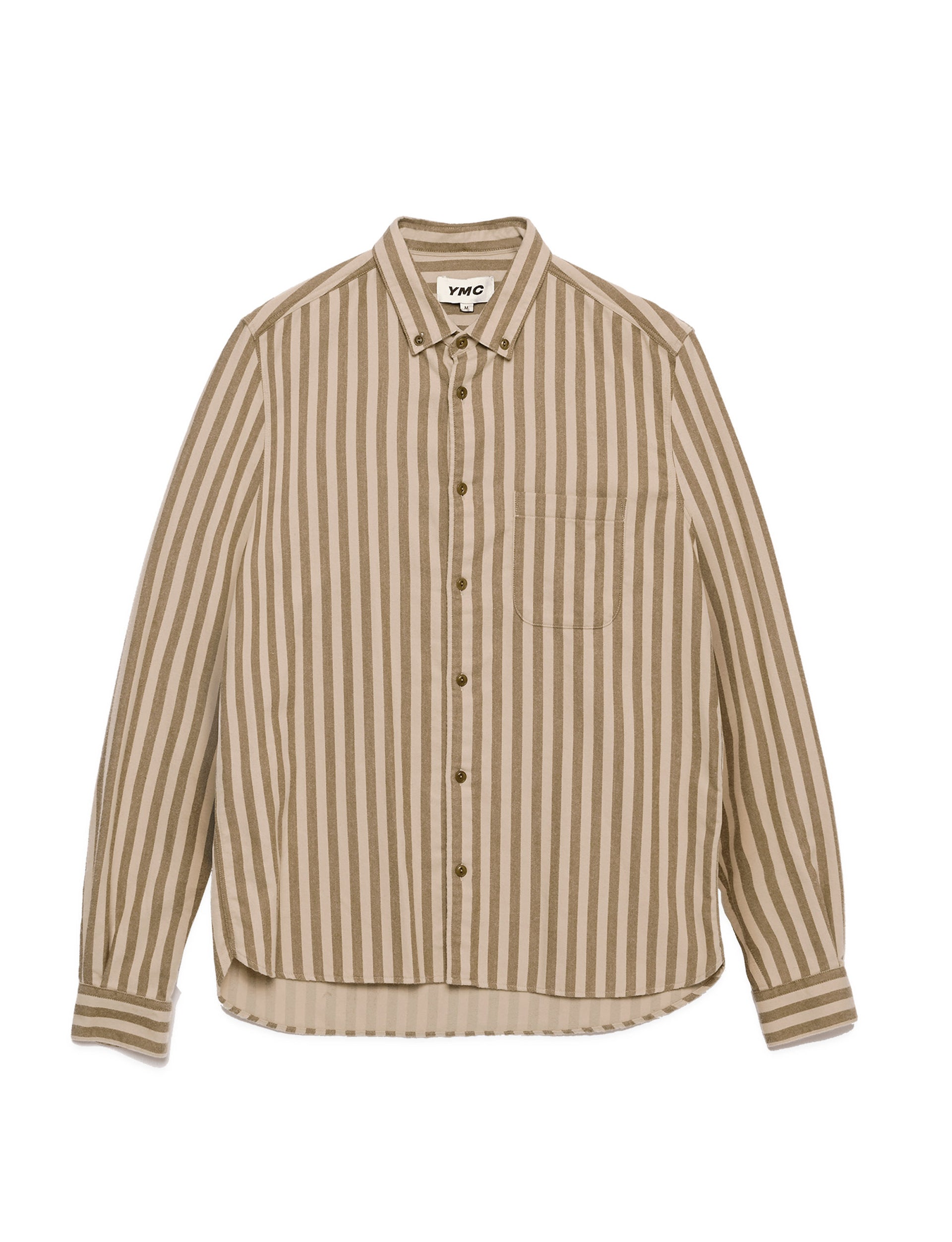 YMC DEAN COTTON FLANNEL STRIPE SHIRT ECRU OLIVE