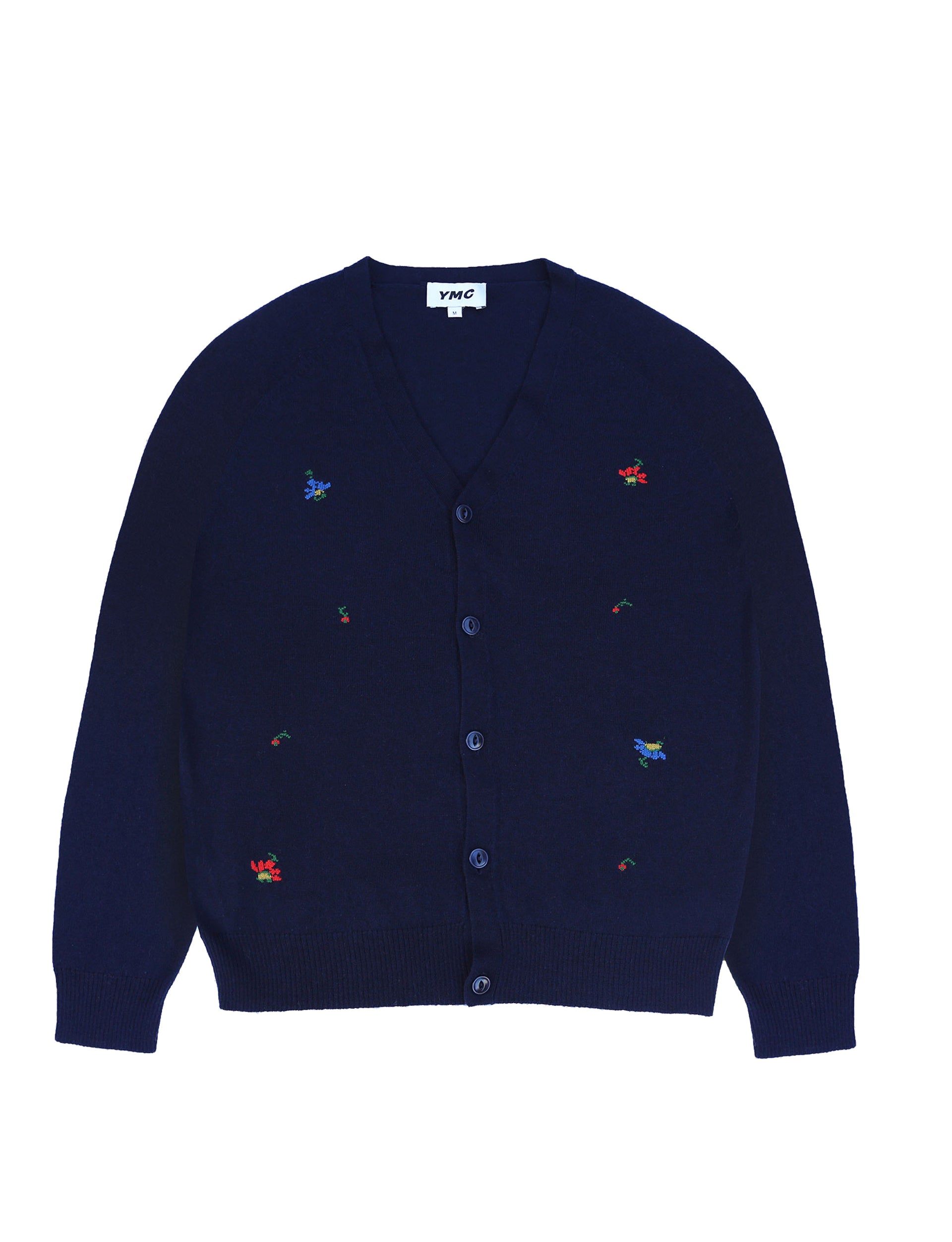 YMC KURT FLORAL JACQUARD MERINO KNIT CARDIGAN NAVY