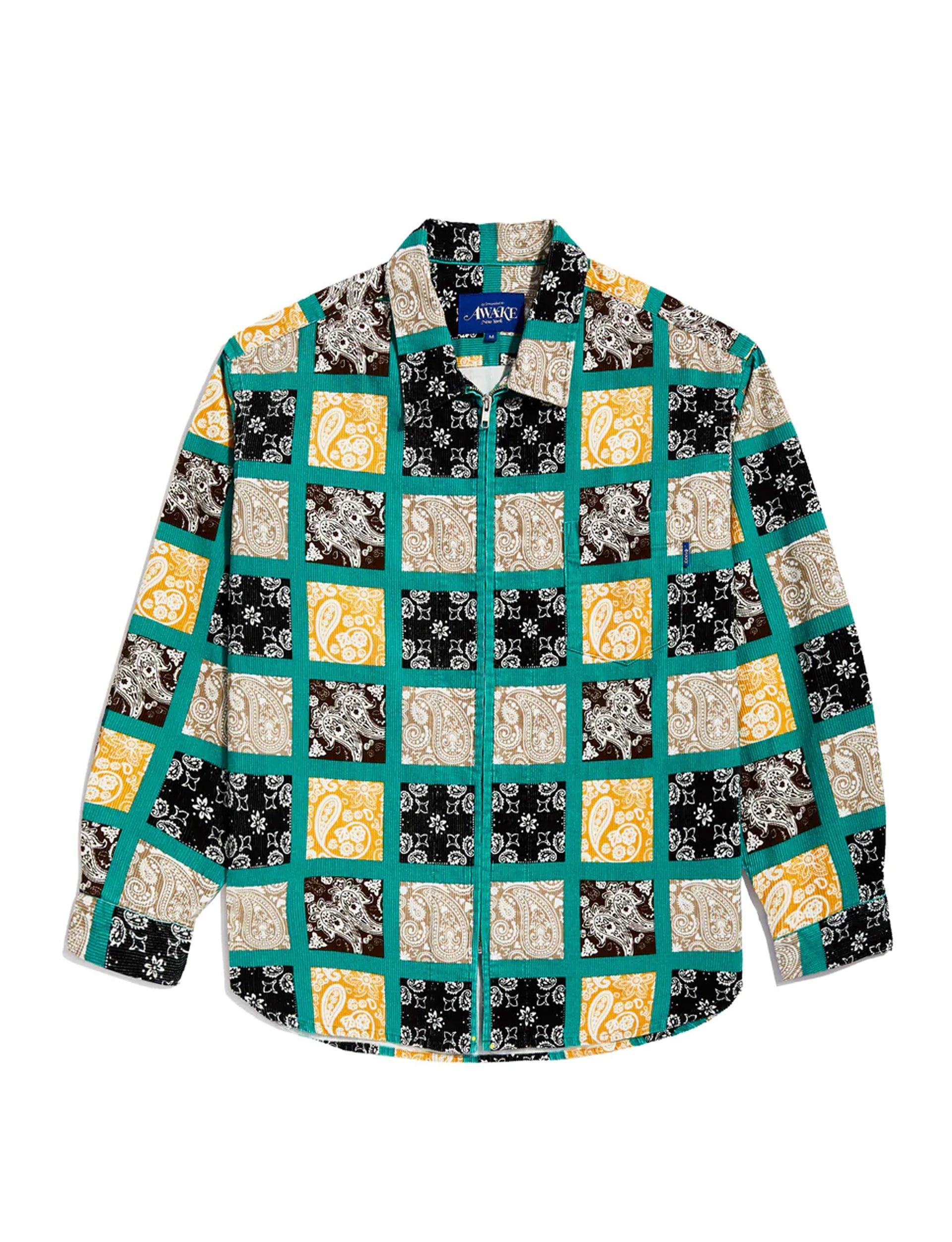 AWAKE NY PAISLEY PRINTED CORDUROY ZIP-UP SHIRT TEAL