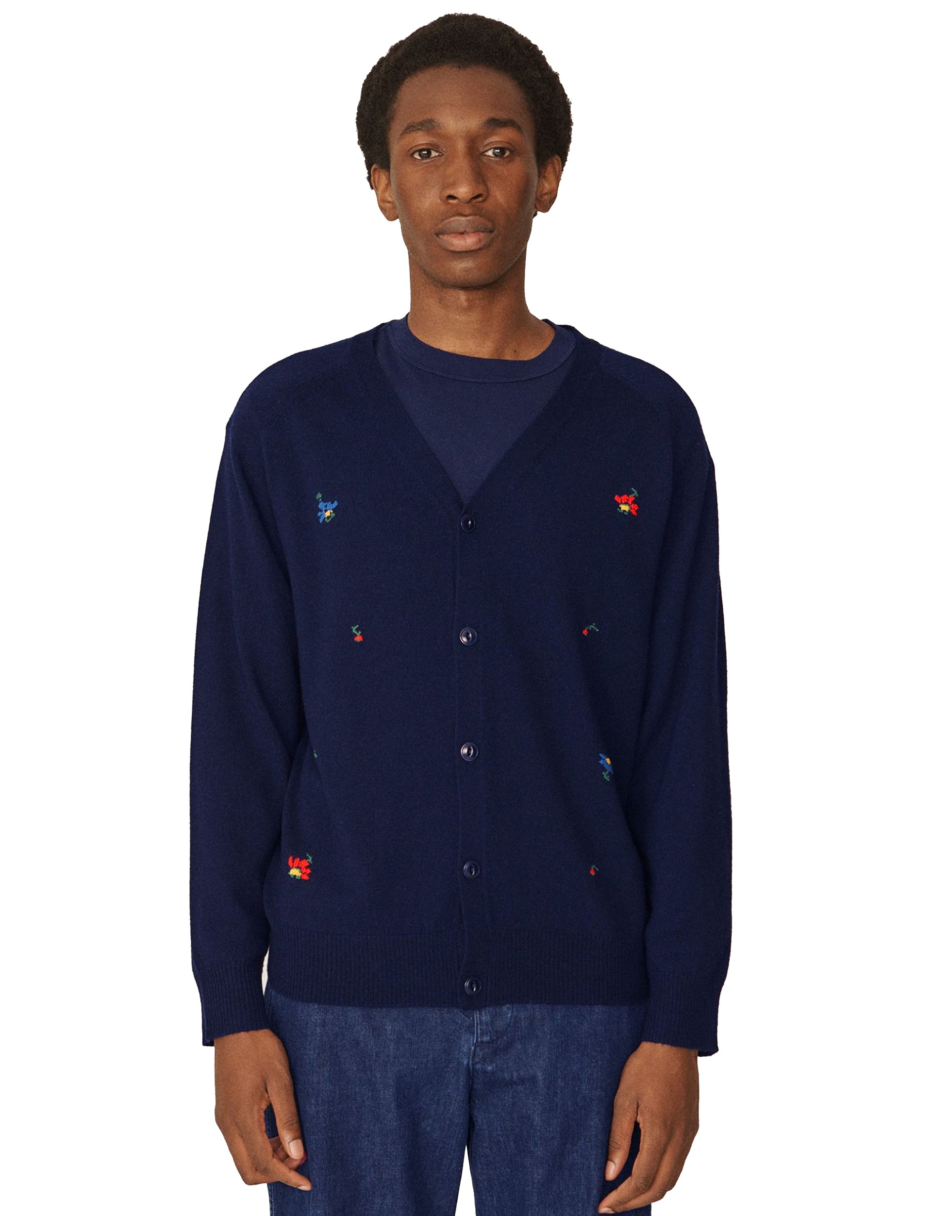 YMC KURT FLORAL JACQUARD MERINO KNIT CARDIGAN NAVY