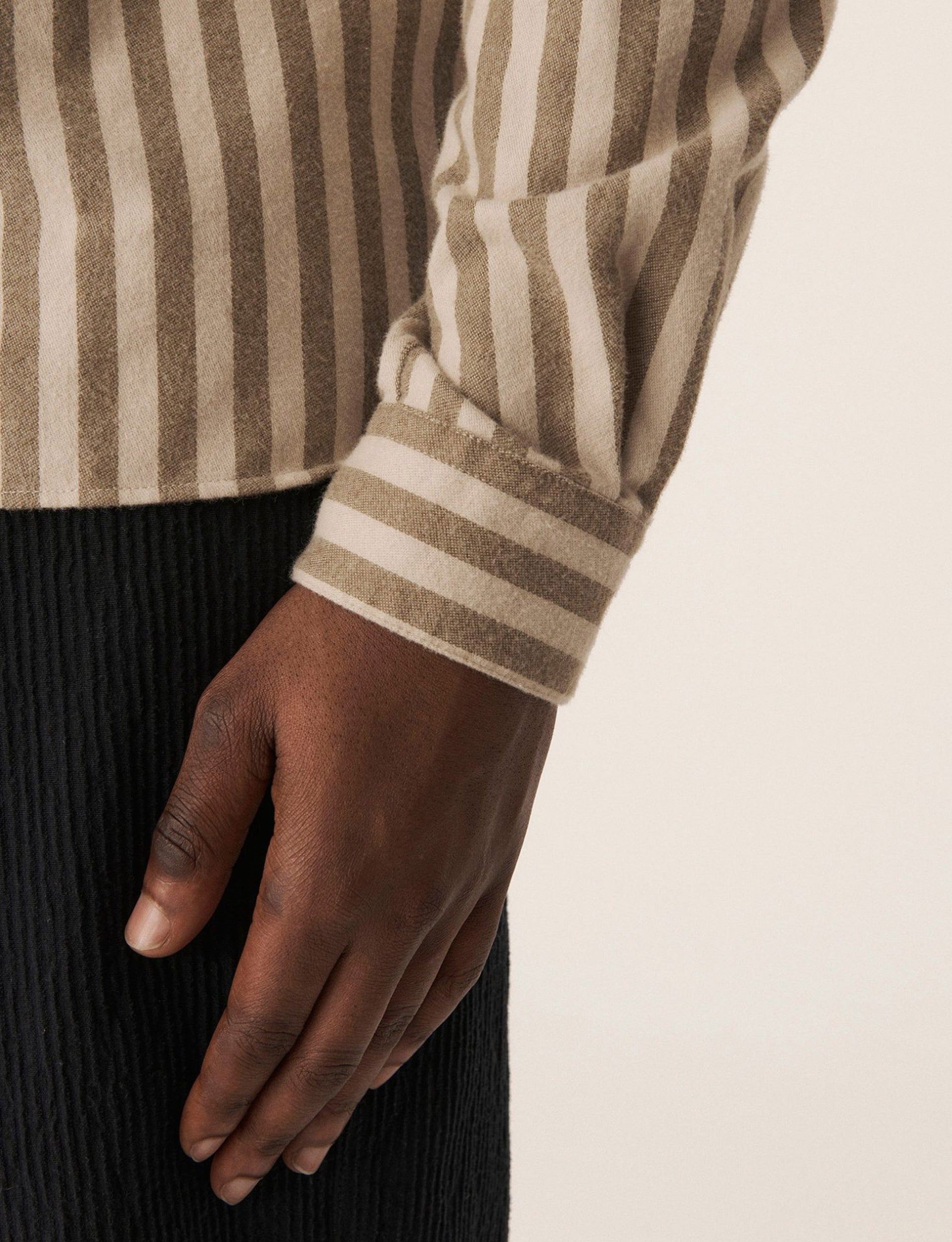 YMC DEAN COTTON FLANNEL STRIPE SHIRT ECRU OLIVE