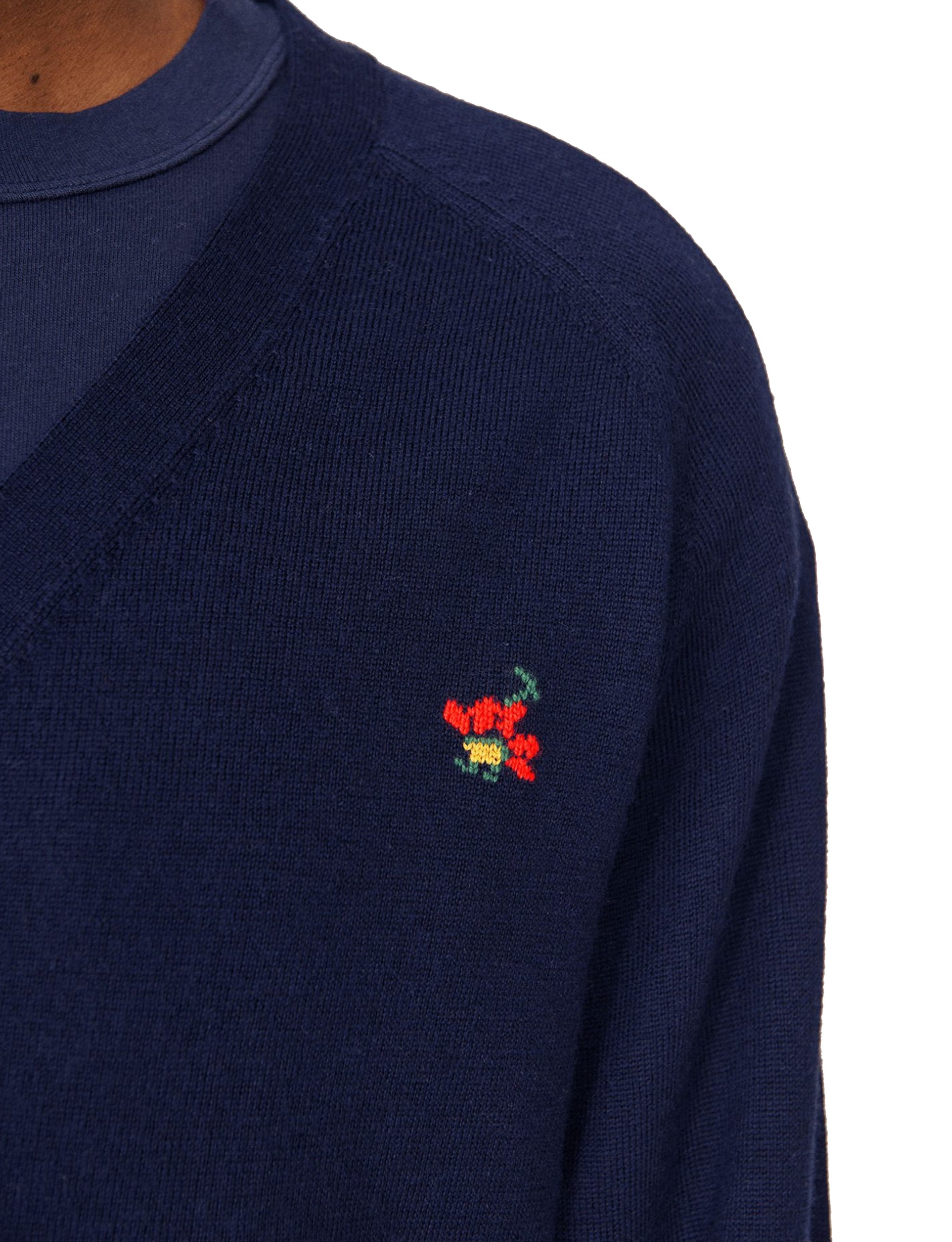 YMC KURT FLORAL JACQUARD MERINO KNIT CARDIGAN NAVY