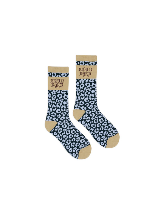 BRAIN DEAD Paneled Logo Crew Socks - Blue Leopard/Khaki