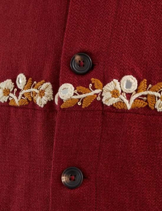 KARTIK RESEARCH Rishikesh Jacket Embroidered Yoke Detail Handwoven Fabric Red/Gold/Ecru