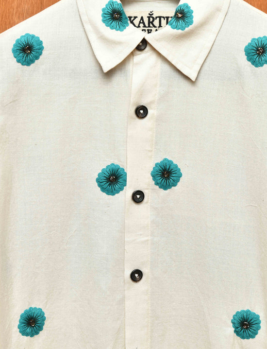 KARTIK RESEARCH SHIRT HAND EMBROIDERED TEAL FLOWERS