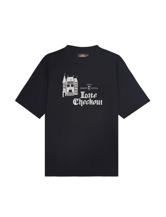 LATE CHECKOUT BLACK HOTEL LOGO TEE