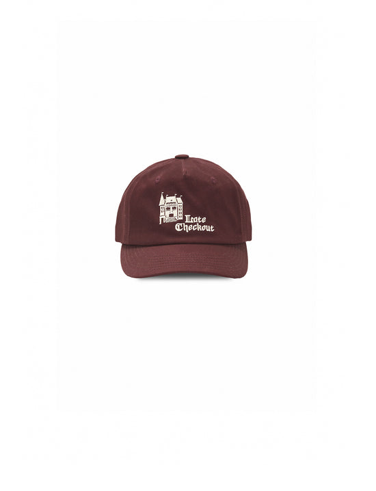 LATE CHECKOUT BURGUNDY HOTEL LOGO 5 PANEL CAP