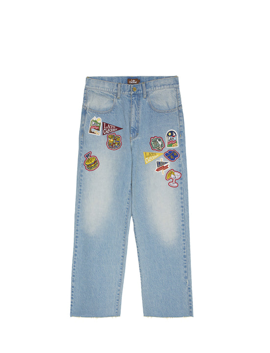 LATE CHECKOUT LIGHT BLUE RAW EDGE PATCHED JEANS