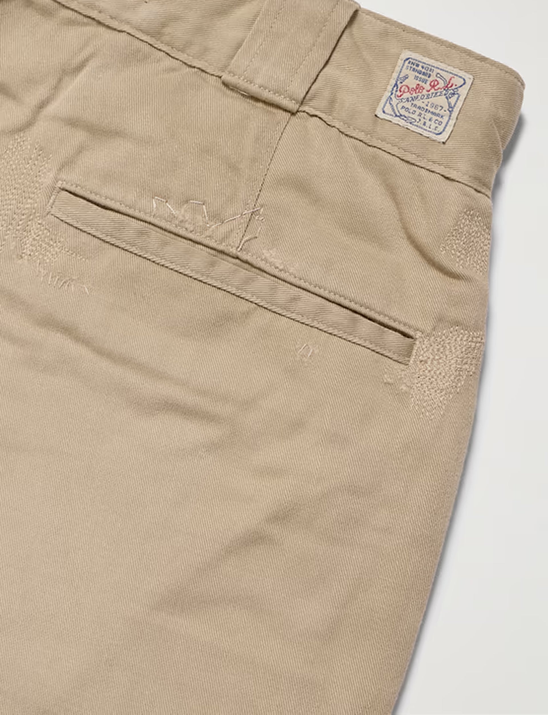 POLO RALPH LAUREN Straight-Leg Embroidered Distressed Cotton-Twill Trousers