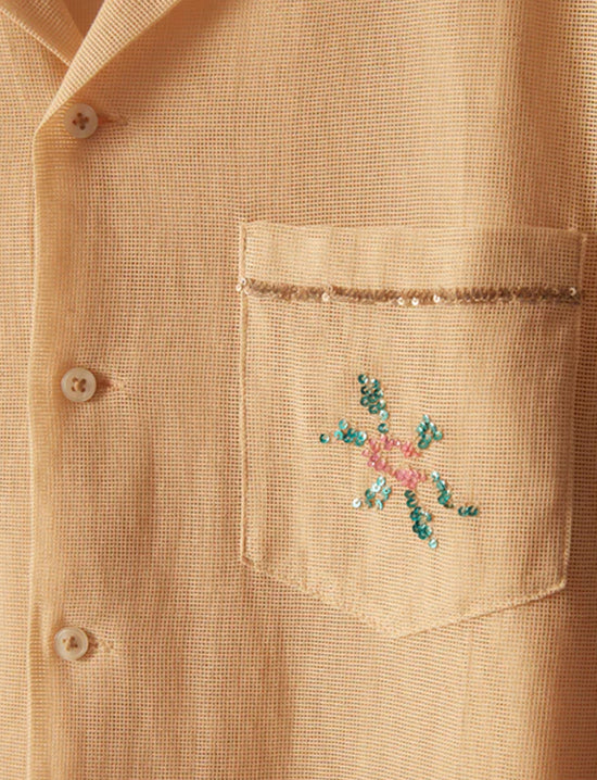 BODE Sequined Floral Net Long Sleeve Shirt