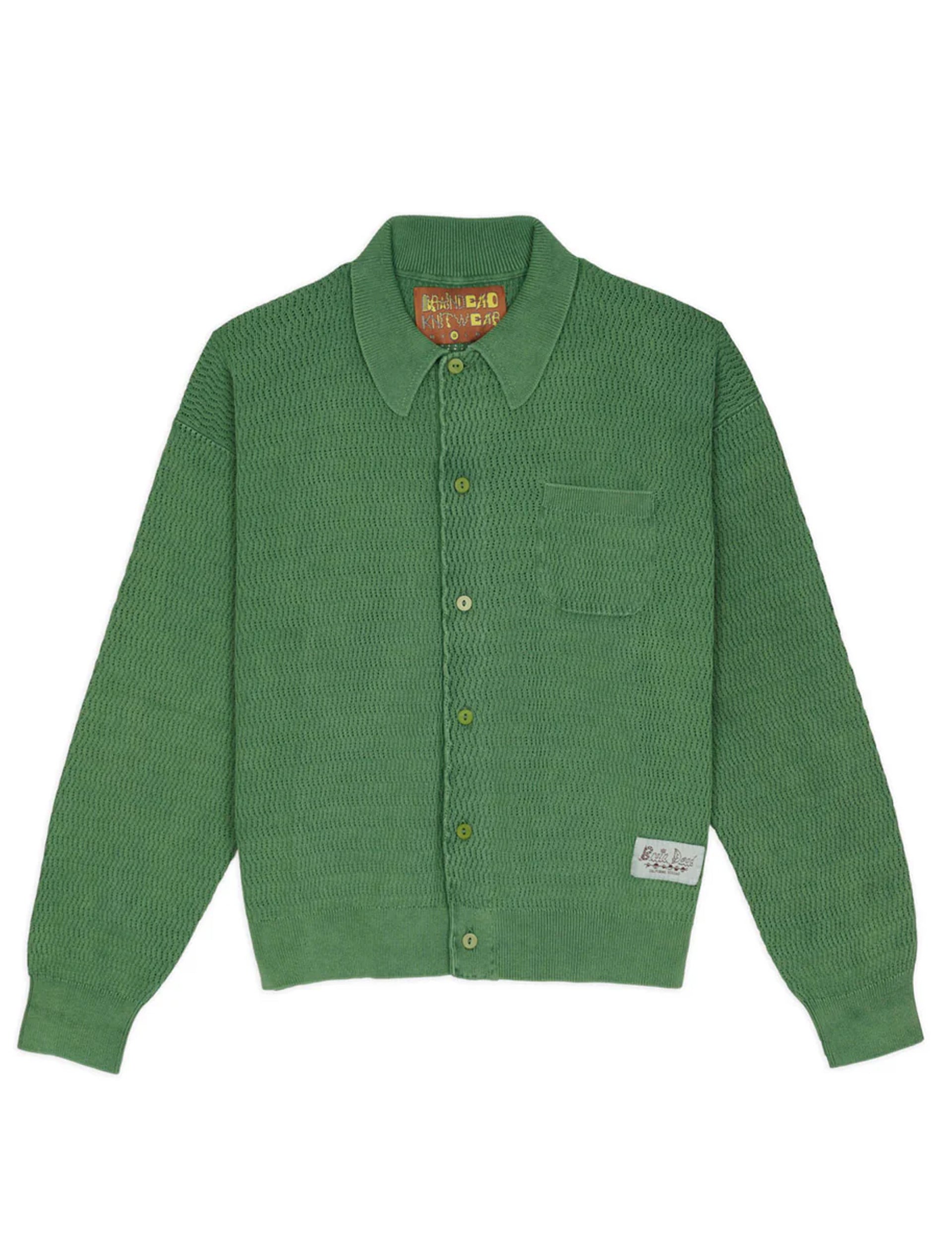 BRAIN DEAD PIGMENT DYE LONG SLEEVE POLO SWEATER GREEN