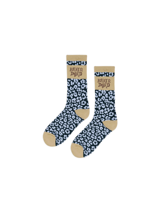 BRAIN DEAD Paneled Logo Crew Socks - Blue Leopard/Khaki