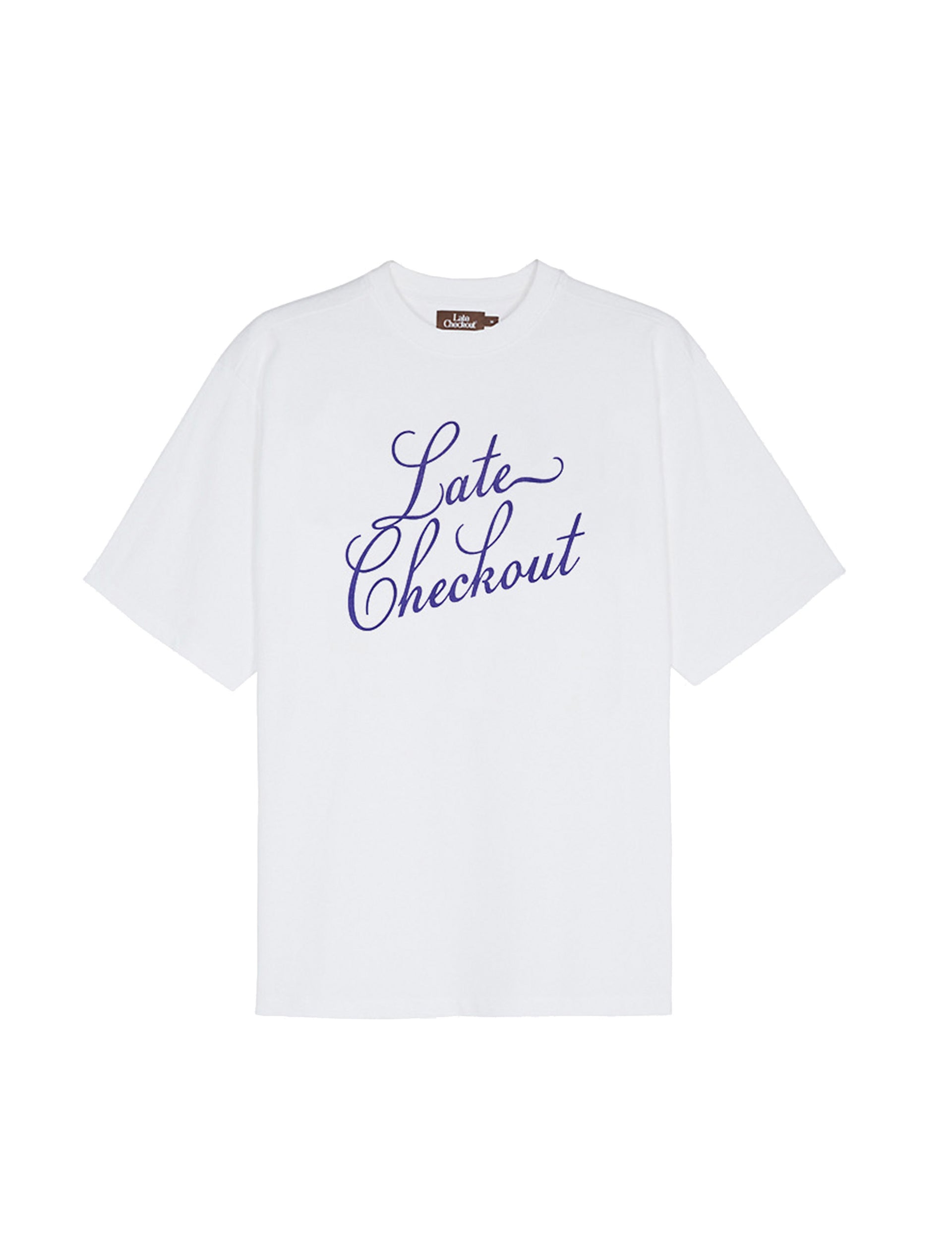 LATE CHECKOUT WHITE BLUE SCRIPT TEE