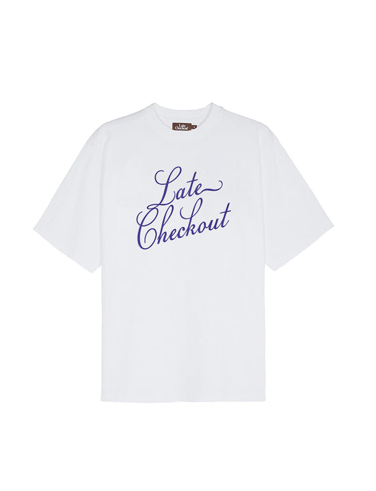 LATE CHECKOUT WHITE BLUE SCRIPT TEE