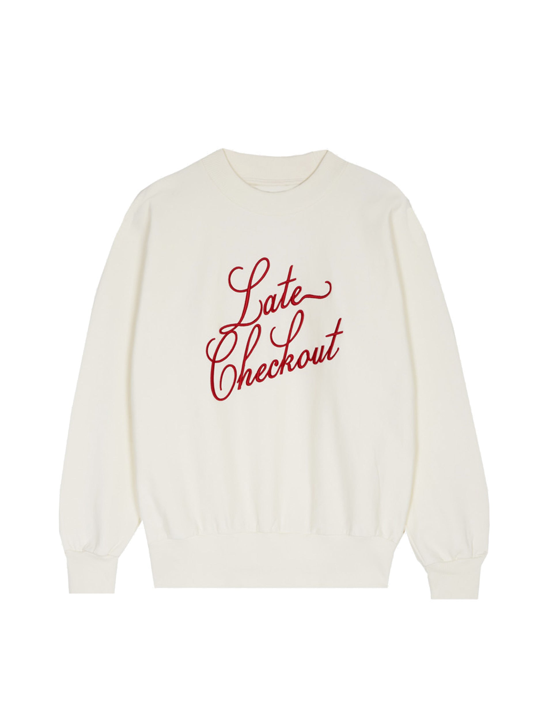 LATE CHECKOUT WHITE/RED SCRIPT CREWNECK SWEATSHIRT