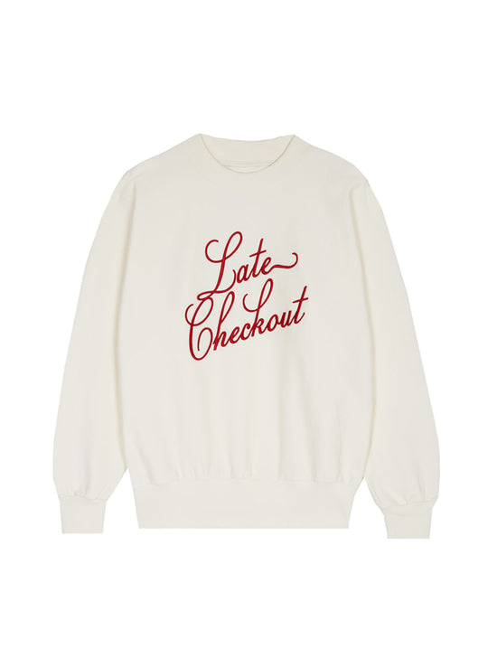 LATE CHECKOUT WHITE/RED SCRIPT CREWNECK SWEATSHIRT