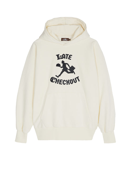 LATE CHECKOUT White Bellboy Hoodie