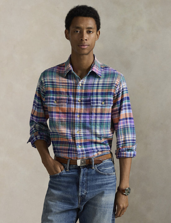 POLO RALPH LAUREN CLASSIC FIT PLAID BRUSHED TWILL SHIRT NAVY ORANGE