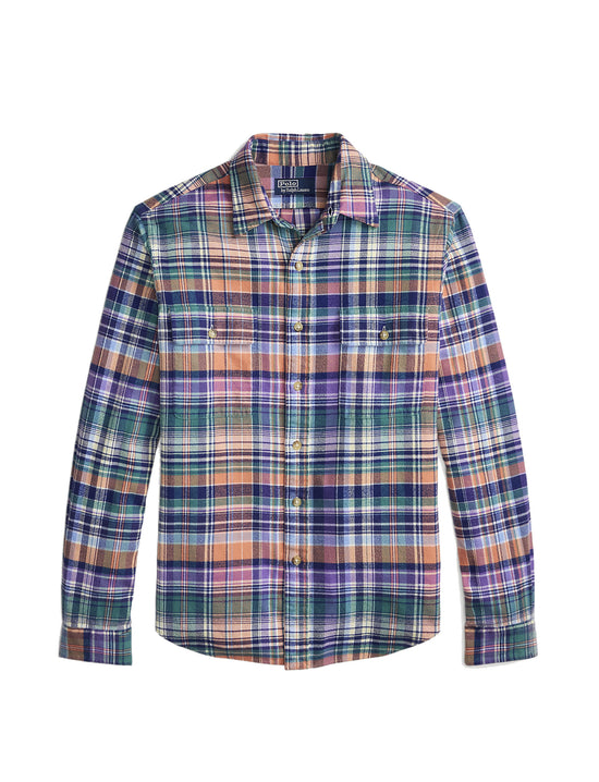POLO RALPH LAUREN CLASSIC FIT PLAID BRUSHED TWILL SHIRT NAVY ORANGE