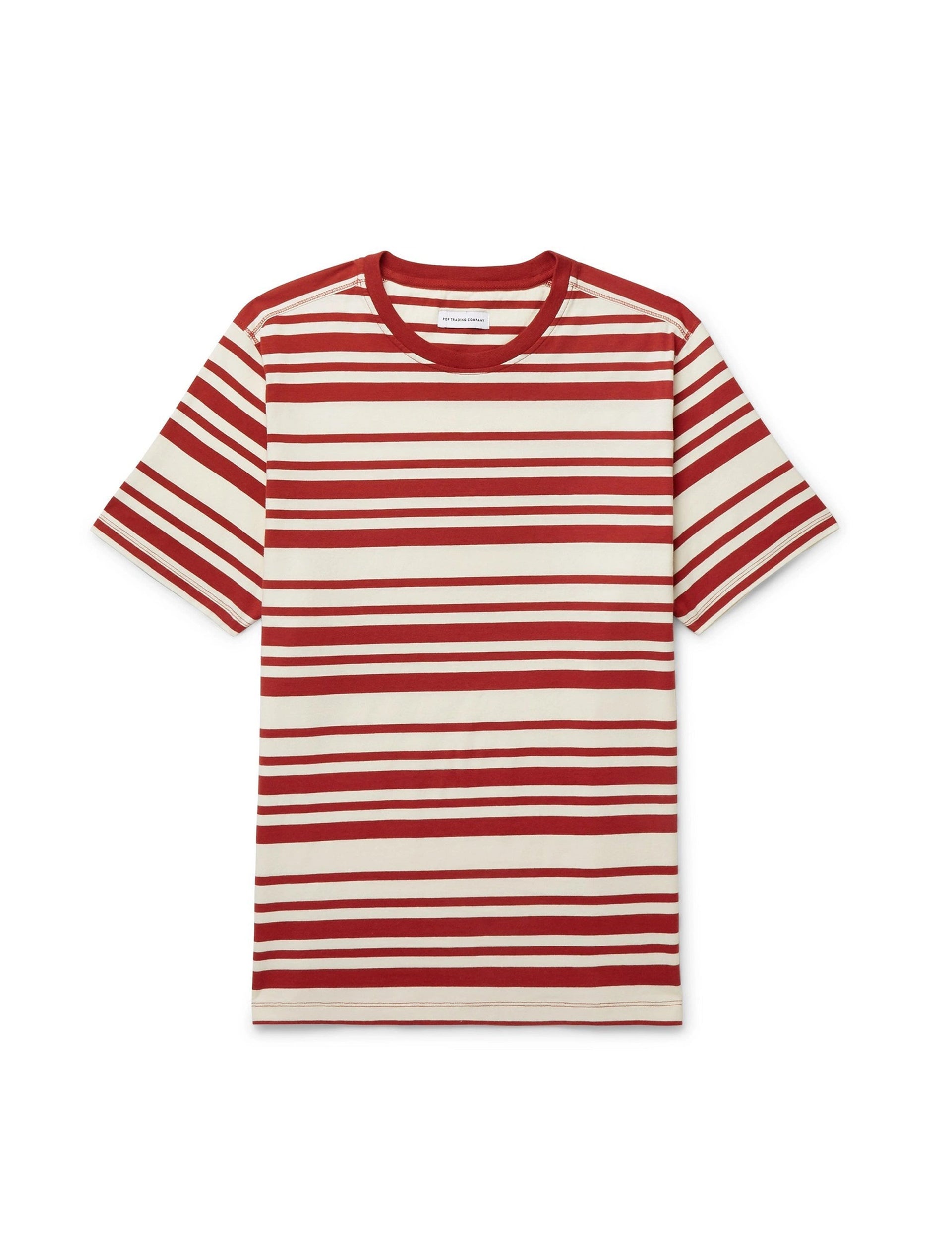 Pop Trading Company Logo Print Striped Cotton Jersey T-Shirt Red