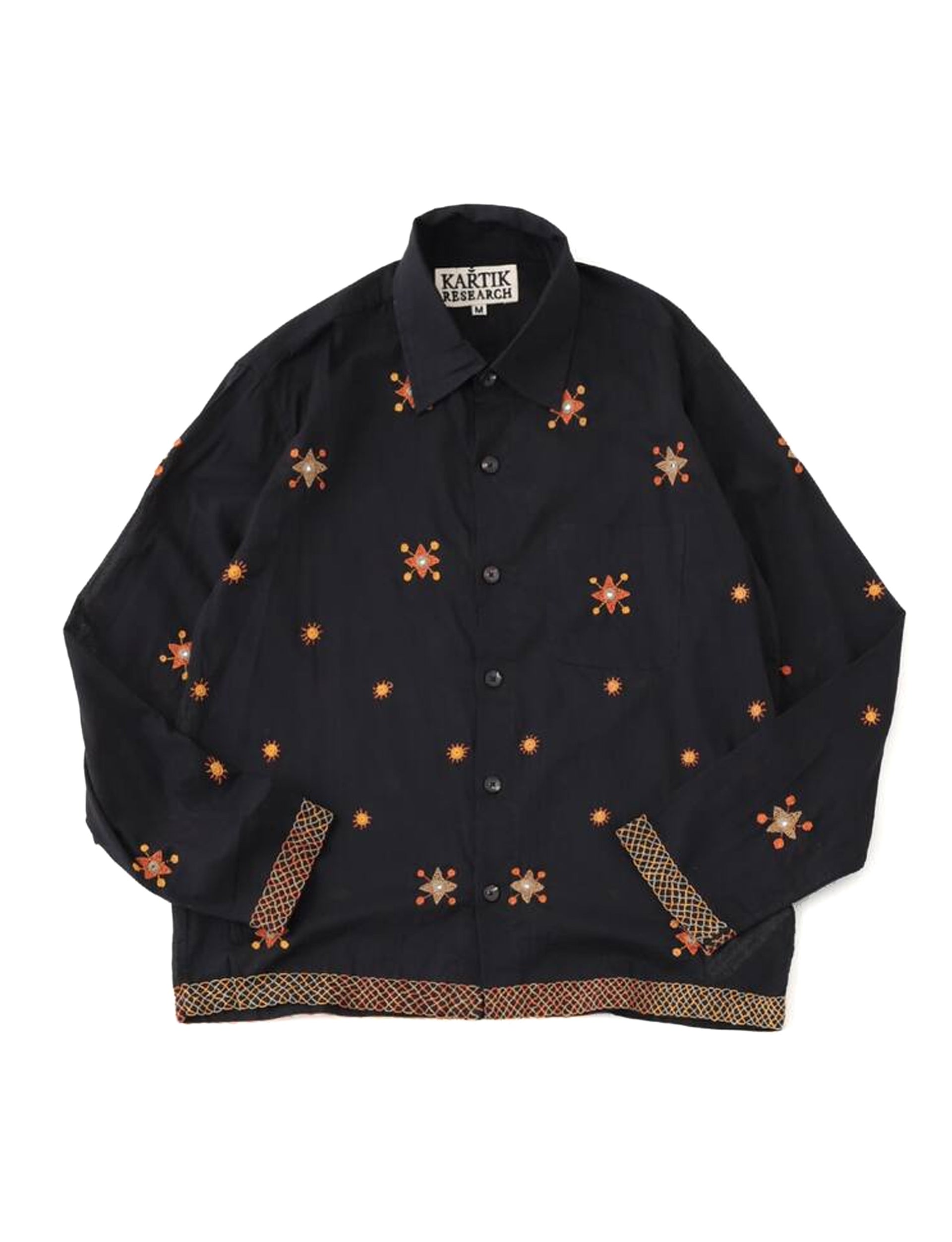 KARTIK RESEARCH Box Shirt Hand Embroidered Handwoven Fabric Black/Orange/Red