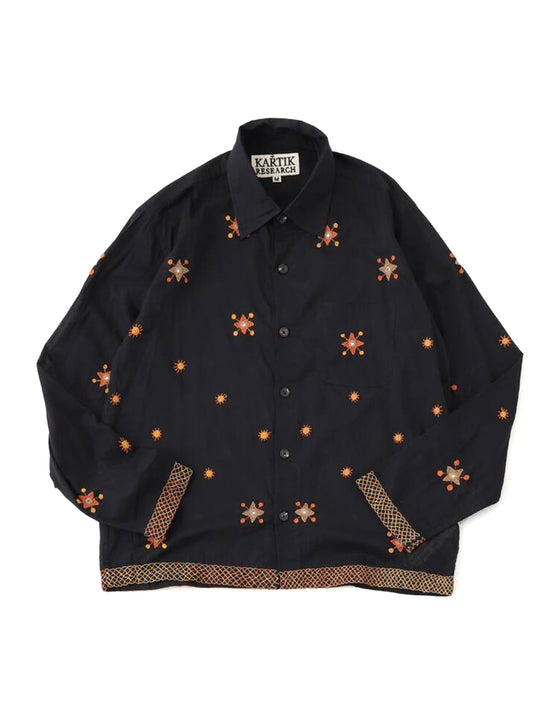 KARTIK RESEARCH Box Shirt Hand Embroidered Handwoven Fabric Black/Orange/Red