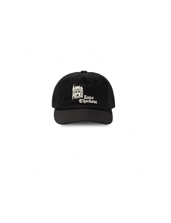 LATE CHECKOUT BLACK HOTEL LOGO 5 PANEL CAP