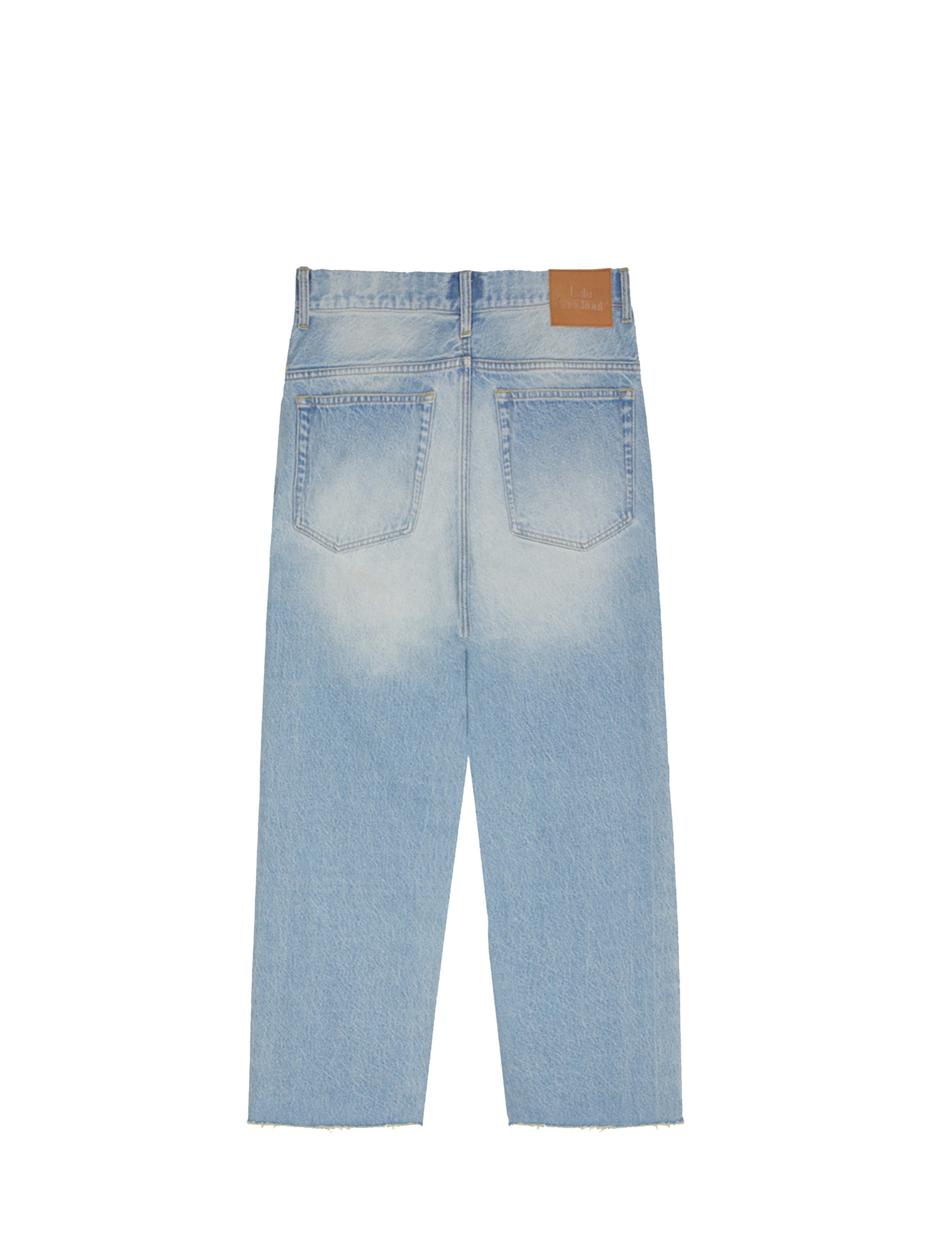 LATE CHECKOUT LIGHT BLUE RAW EDGE PATCHED JEANS