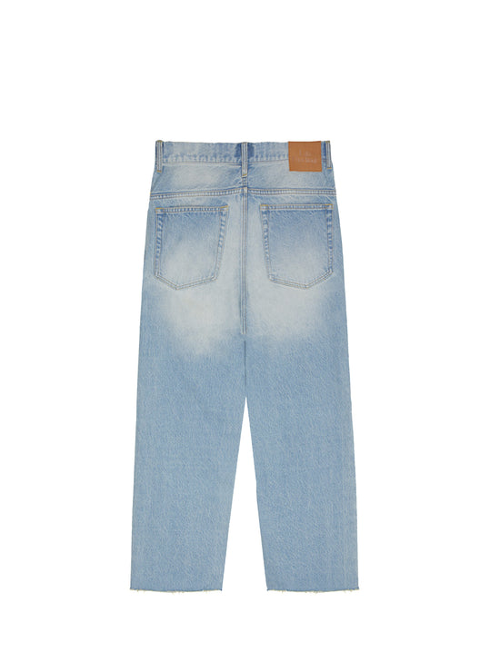 LATE CHECKOUT LIGHT BLUE RAW EDGE PATCHED JEANS