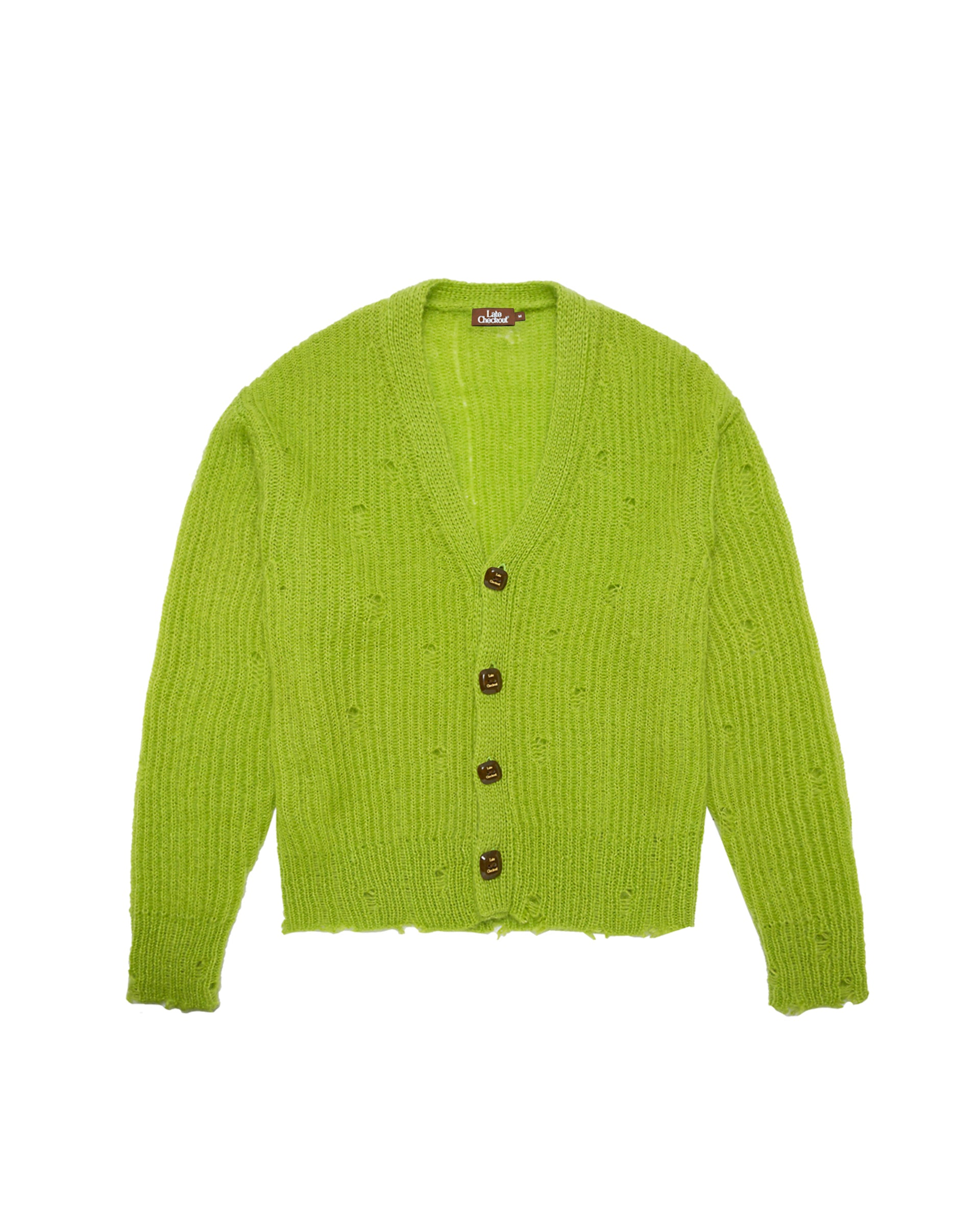 LATE CHECKOUT MOHAIR-BLEND CARDIGAN GREEN DISTRESSED