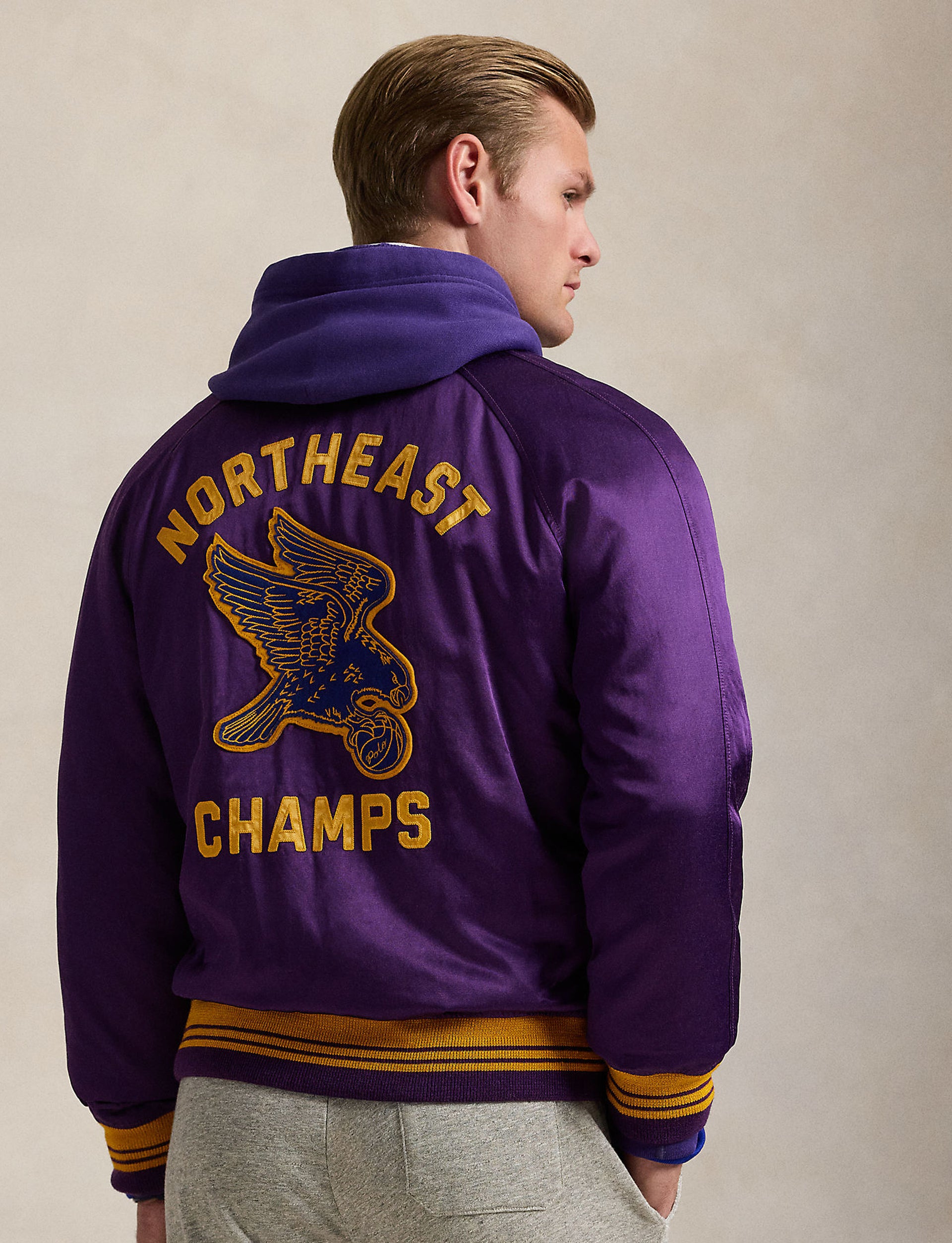 POLO RALPH LAUREN SATIN VARSITY-INSPIRED JACKET PURPLE