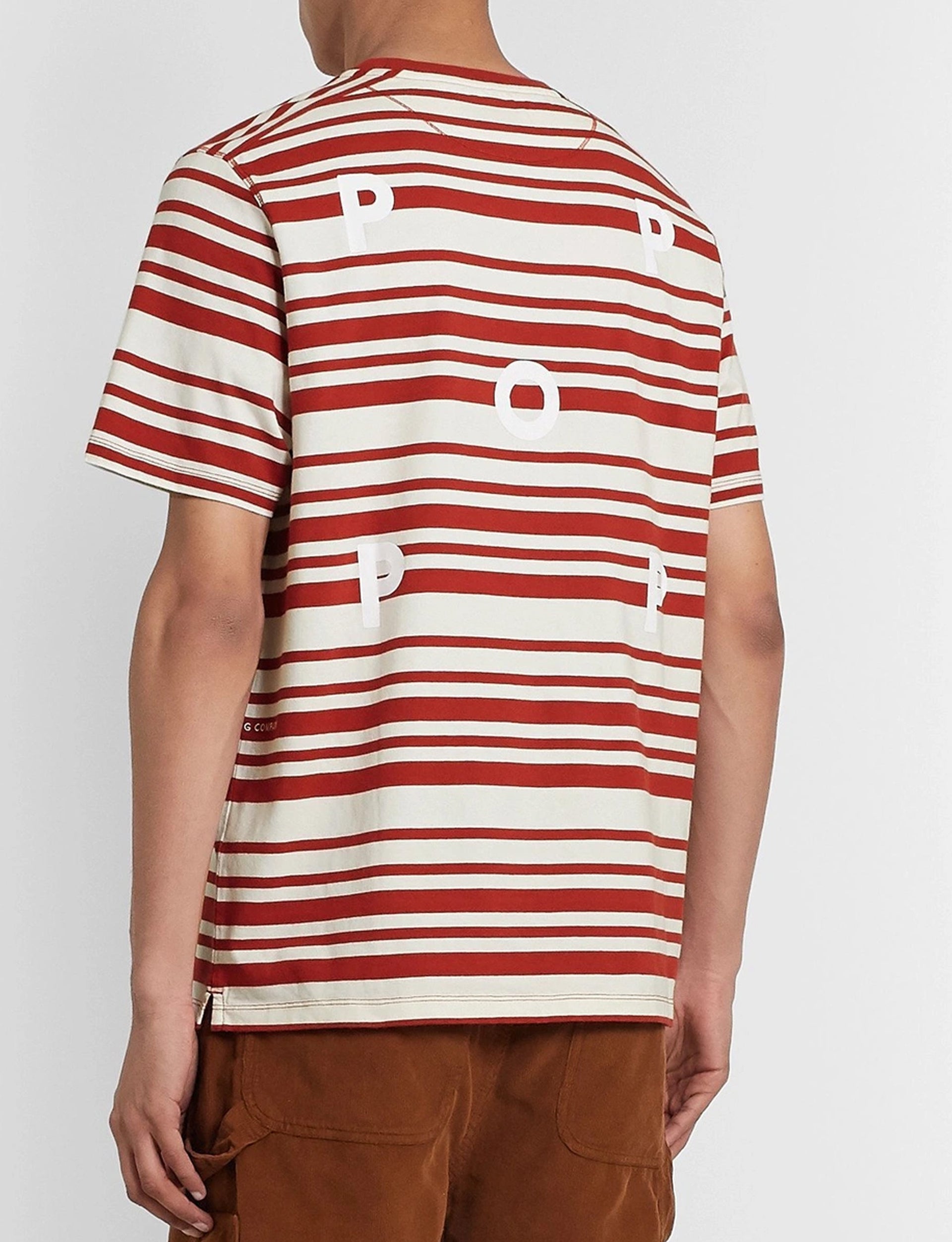 Pop Trading Company Logo Print Striped Cotton Jersey T-Shirt Red