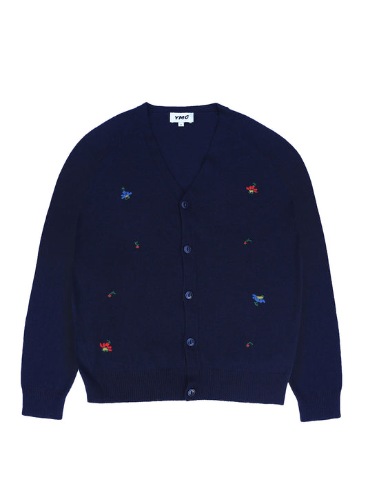 YMC KURT FLORAL JACQUARD MERINO KNIT CARDIGAN NAVY