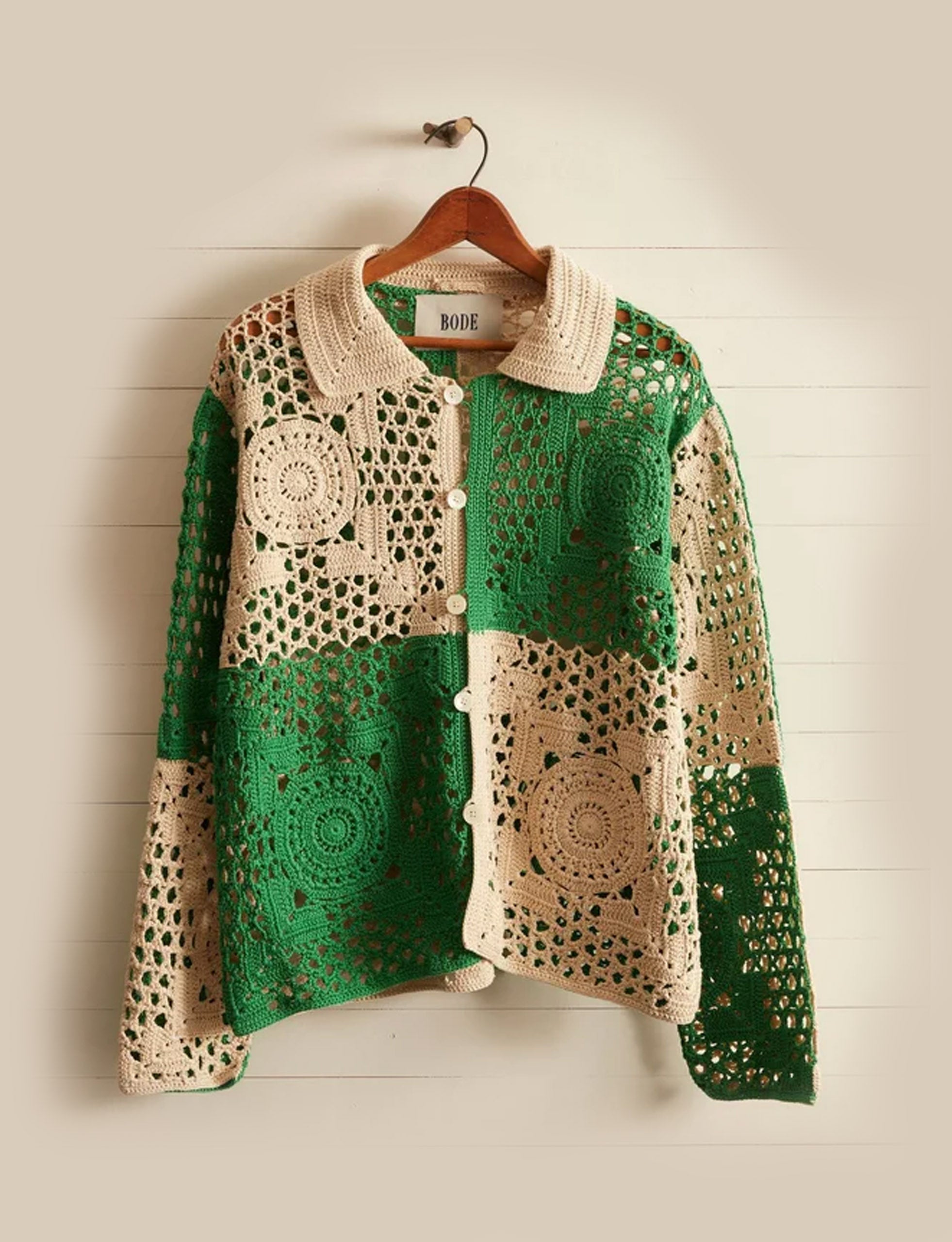 BODE DUOTONE CROCHET OVERSHIRT GREEN CREAM